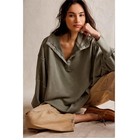 We The Free People Camden Henley Long Sleeve Sweatshirt XS Slouchy Boho Grunge - Picture 15 of 15